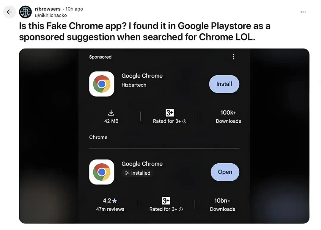 نمای اپلیکیشن جعلی Google Chrome با نام توسعهدهنده Hizbartech در گوگل پلی