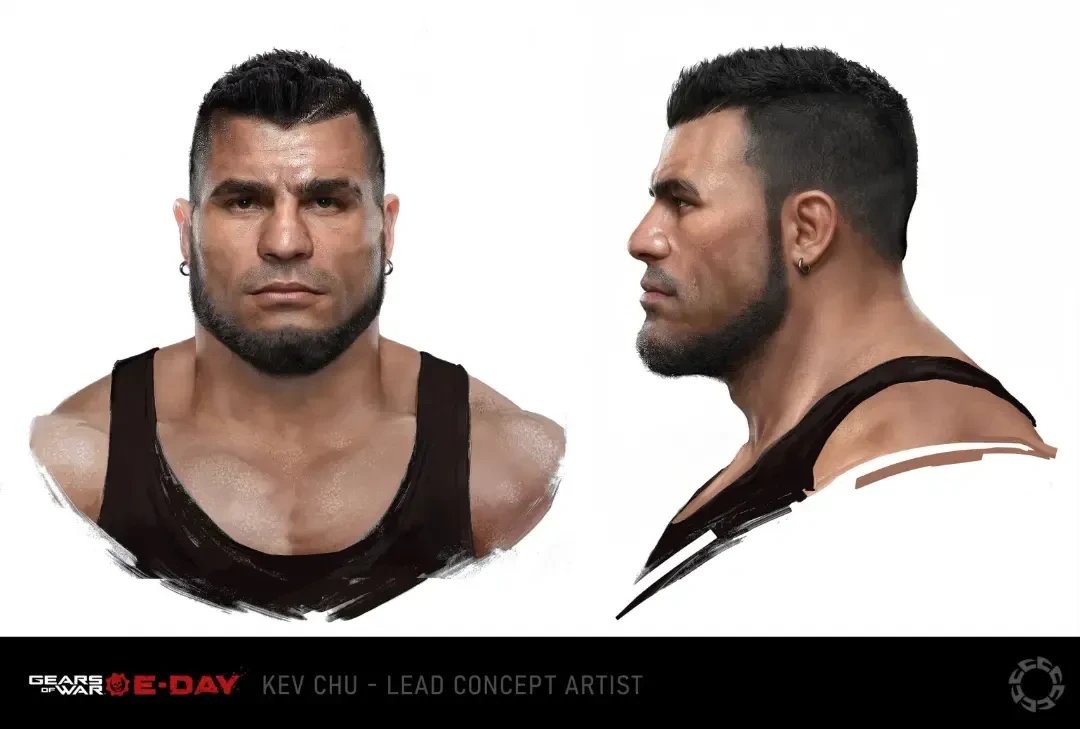 طرح اولیه شخصیت بازی Gears of War: E-Day از نگاه روبرو و نیم‌رخ