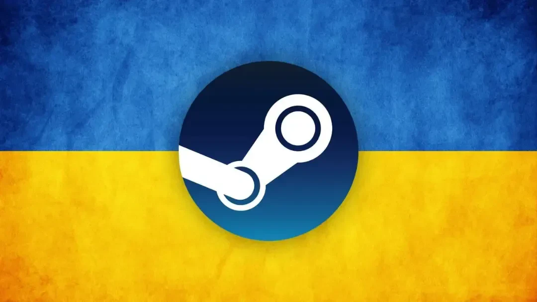لوگوی استیم (Steam) روی پسزمینه پرچم اوکراین با بافت قدیمی