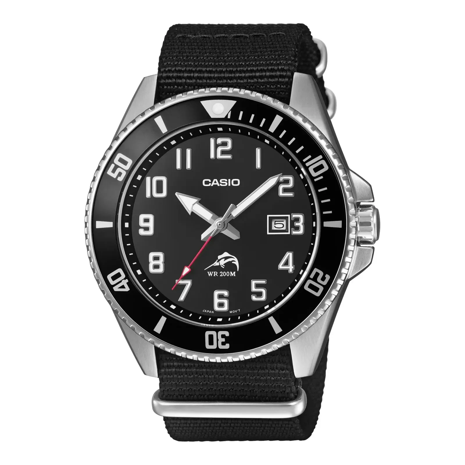 ساعت مچی کاسیو (Casio) با صفحه مشکی و بند پارچهای سیاه