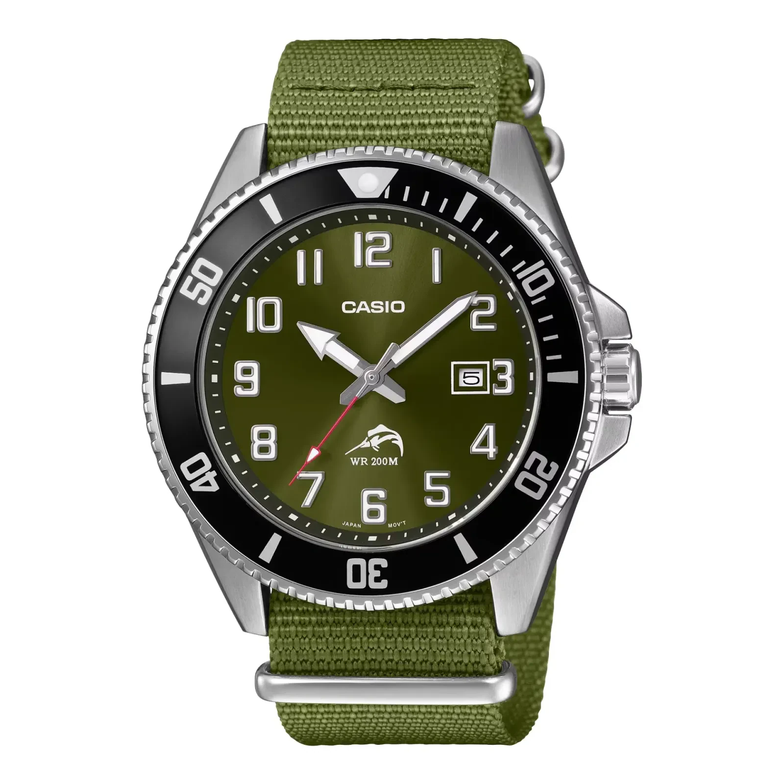 ساعت مچی کاسیو (Casio) با صفحه سبز زیتونی و بند پارچهای