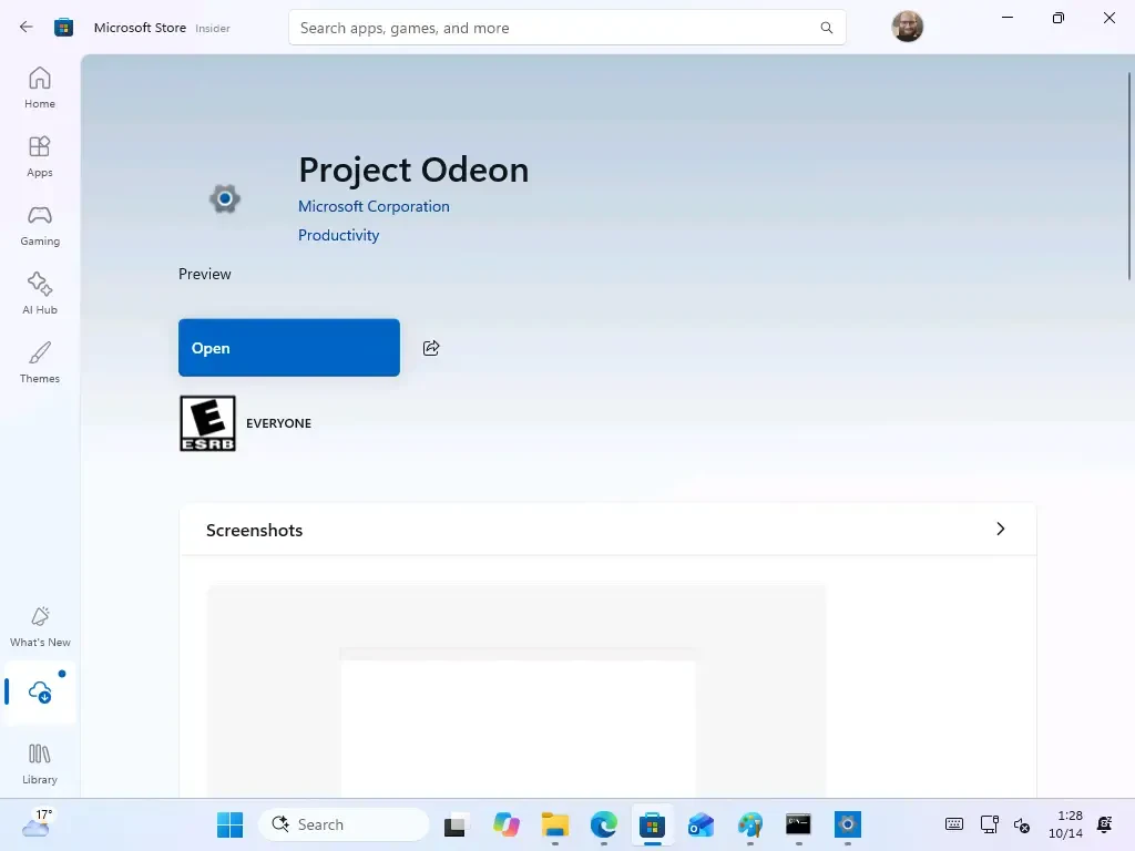 صفحه فروشگاه مایکروسافت استور (Microsoft Store) برای برنامه Project Odeon