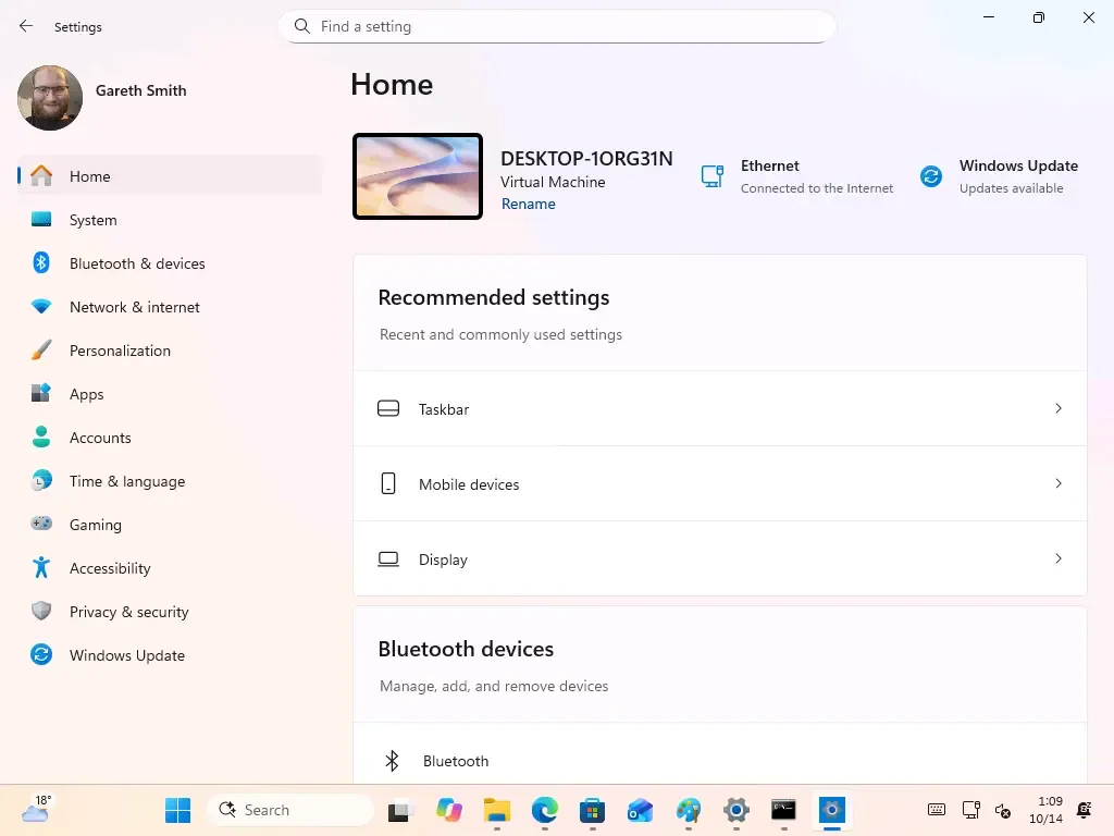 صفحه اصلی تنظیمات (Settings) در نسخه ویندوز ۱۱ اینسایدر (Windows 11 Insider)