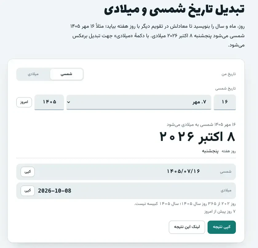 رابط کاربری ابزار آنلاین کاویزو برای تبدیل تاریخ شمسی به میلادی