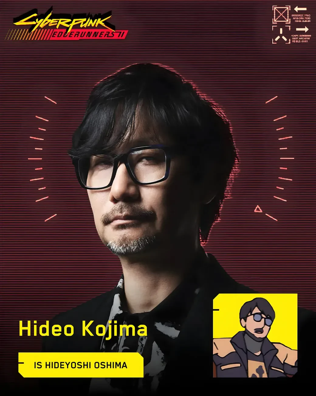 چهره هیدئو کوجیما (Hideo Kojima) با پسزمینه گرافیکی انیمه سایبرپانک
