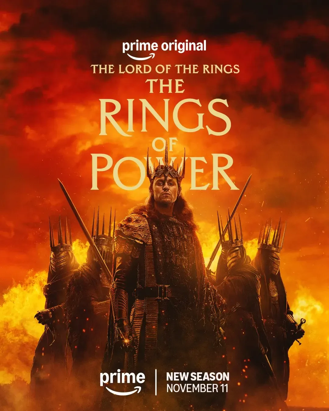 شخصیت‌های اصلی سریال ارباب حلقه‌ها (The Lord of the Rings: The Rings of Power) در پس‌زمینه‌ای آتشین