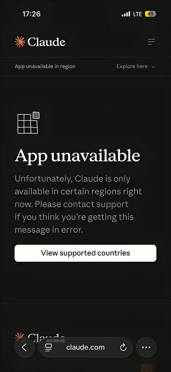 پیام خطای عدم دسترسی به اپلیکیشن Claude (Claude) در منطقه جغرافیایی خاص