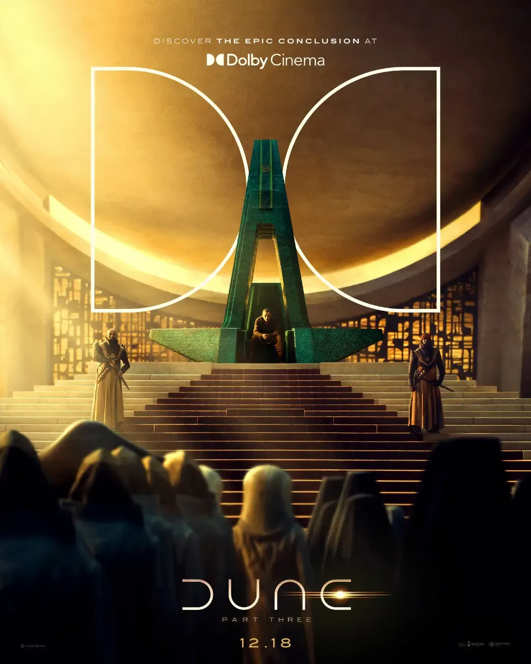 پوستر فیلم Dune Part Three با نمایش شخصیتها در مقابل سازه عظیم سبز رنگ