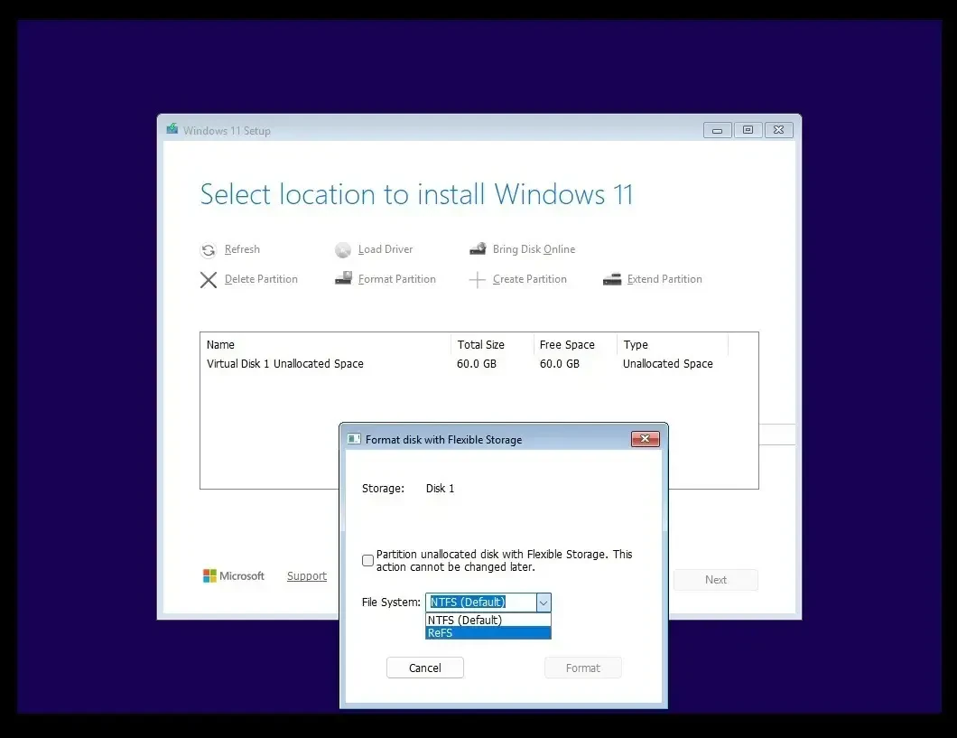 پنجره نصب ویندوز ۱۱ (Windows 11) و انتخاب سیستم فایل ReFS