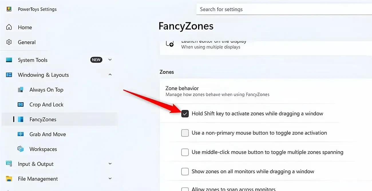 تنظیمات FancyZones در برنامه PowerToys برای چیدمان پنجره‌های ویندوز