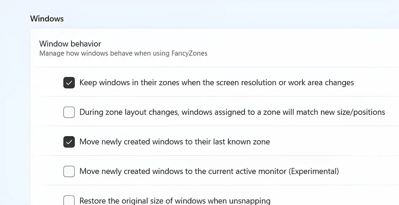 تنظیمات رفتار پنجره‌ها (Window behavior) در ابزار FancyZones مایکروسافت