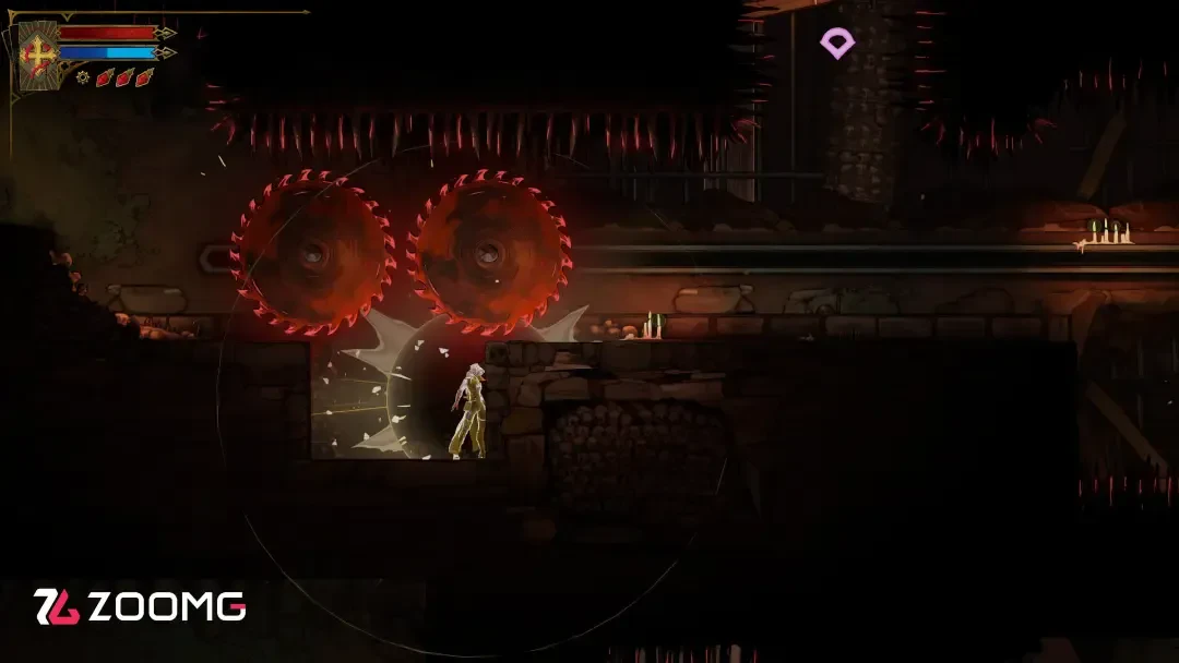 شخصیت اصلی بازی Castlevania در مقابل ارههای چرخشی قرمز در محیط تاریک