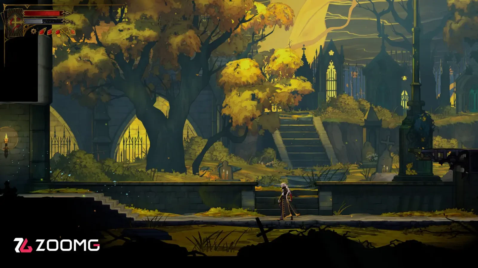 محیط بازی Castlevania: Belmont's Curse با درختان پاییزی و قلعهای قدیمی