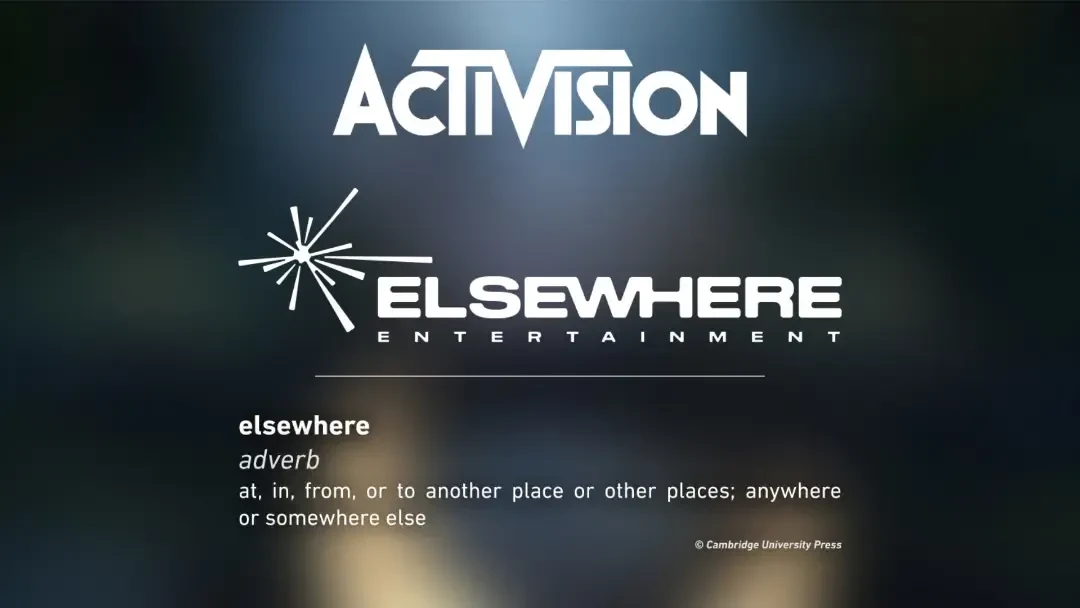 لوگوی شرکت اکتیویژن (Activision) و برند Elsewhere Entertainment در پس‌زمینه تاریک