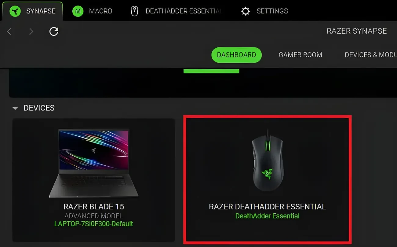 ماوس گیمینگ ریزر دث‌هدر (Razer DeathAdder Essential) در نرم‌افزار سیناپس