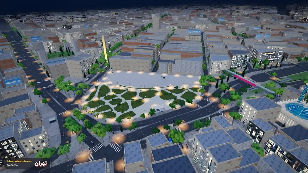 طرح سه بعدی بازسازی میدان هفتتیر (Haft Tir Square) در شب