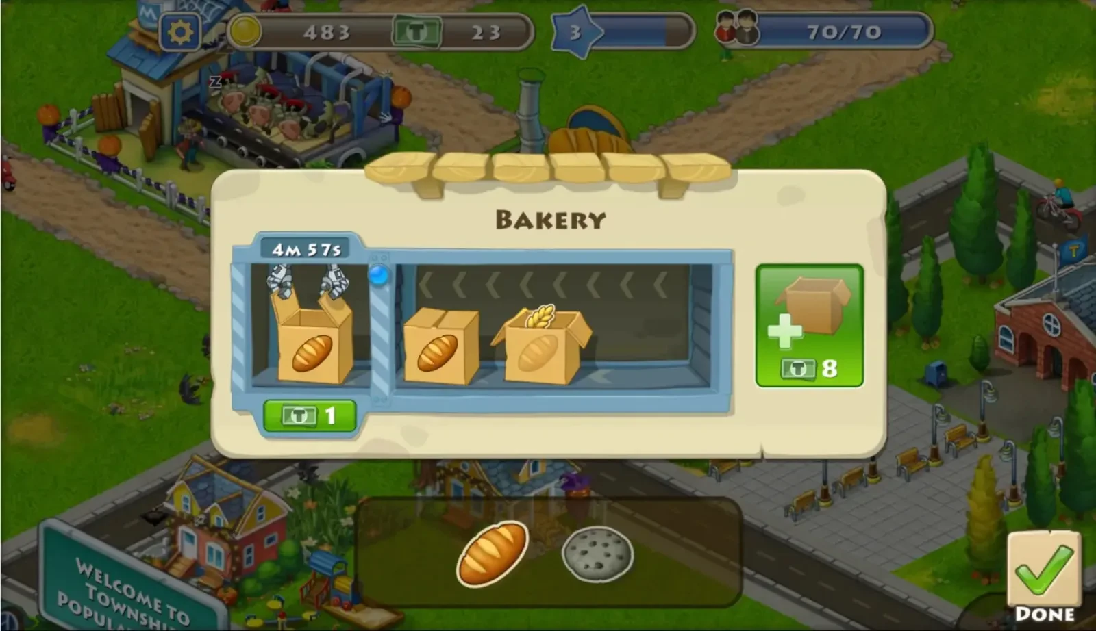 منوی بخش نانوایی (Bakery) در بازی موبایل Township با محصولات نان