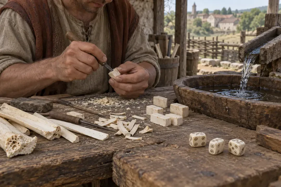 تاسهای استخوانی (Bone Dice) در حال تراشیدن توسط یک صنعتگر در فضای باز