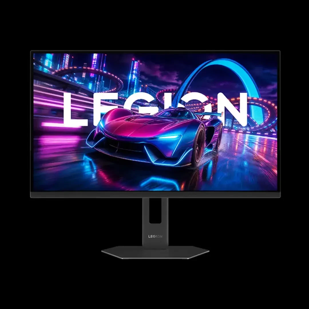نمای جلو مانیتور گیمینگ لنوو Legion 27Q-20) با نمایش تصویر خودروی مسابقهای