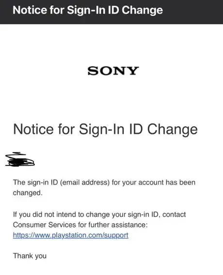 ایمیل اعلان تغییر شناسه ورود (Sign-In ID) در حساب کاربری سونی (Sony)