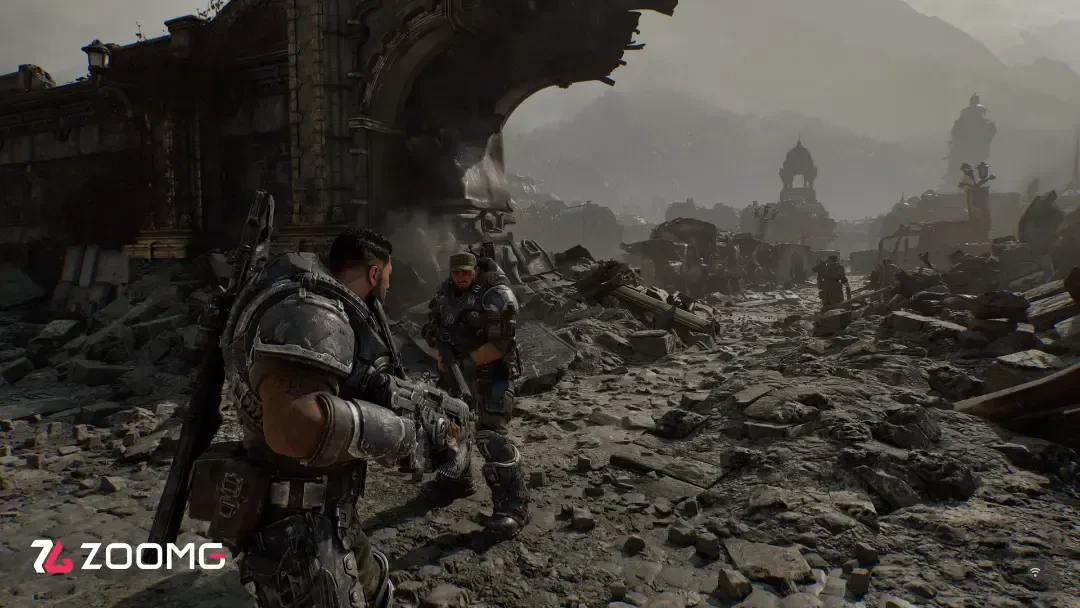 شخصیت‌های بازی Gears of War (E-Day) در محیطی ویران‌شده و جنگ‌زده