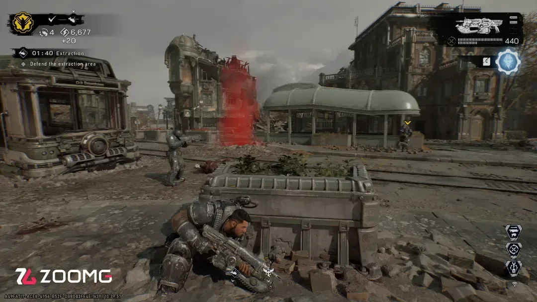 شخصیت اصلی در محیط ویران‌شده بازی Gears of War (E-Day) در حال مبارزه است