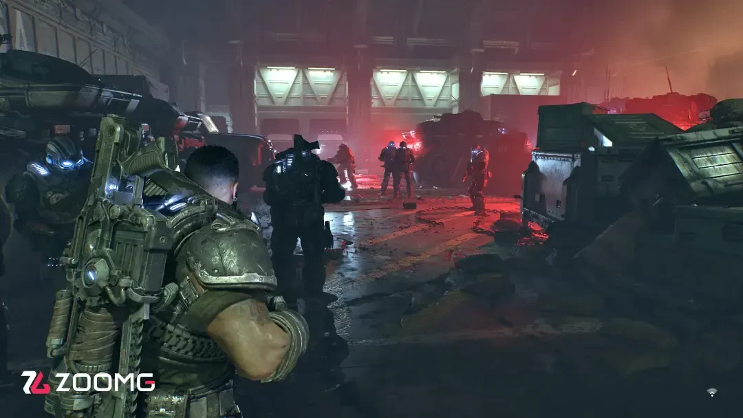 شخصیت‌های بازی Gears of War (E-Day) در محیطی جنگی و تاریک