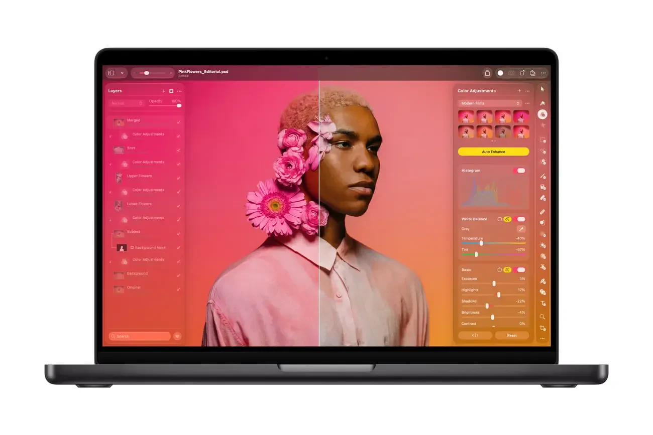 مک بوک پرو (MacBook Pro) با نمایش تصویر ویرایش شده از یک مدل با گل در کنار صفحه نمایش