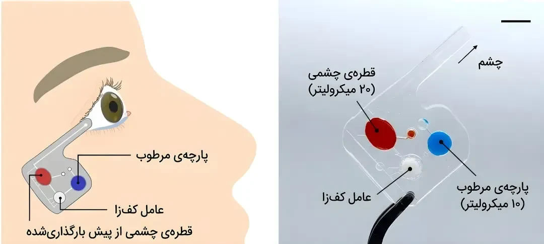نمودار ساختار دستگاه SIMP شامل قطره چشمی، پارچه مرطوب و عامل کف‌زا