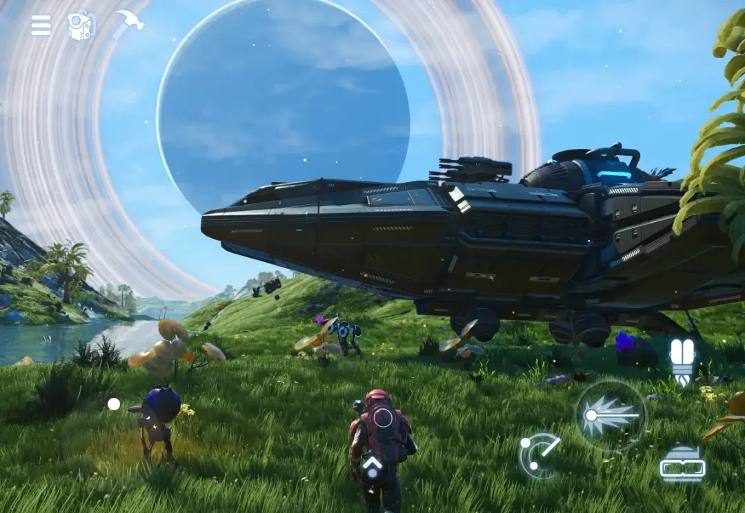 فضاپیمای بزرگ در منظره‌ای از سیاره‌ای با حلقه‌های عظیم در بازی No Man's Sky