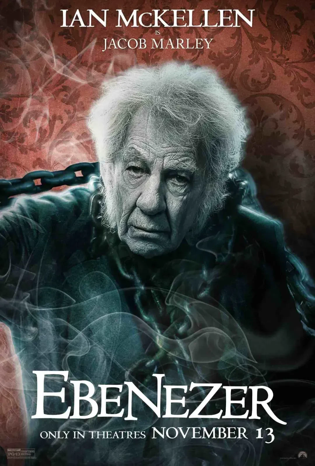 جیکوب مارلی (Jacob Marley) با موهای سفید و زنجیرهای آهنی در پوستر فیلم Ebenezer