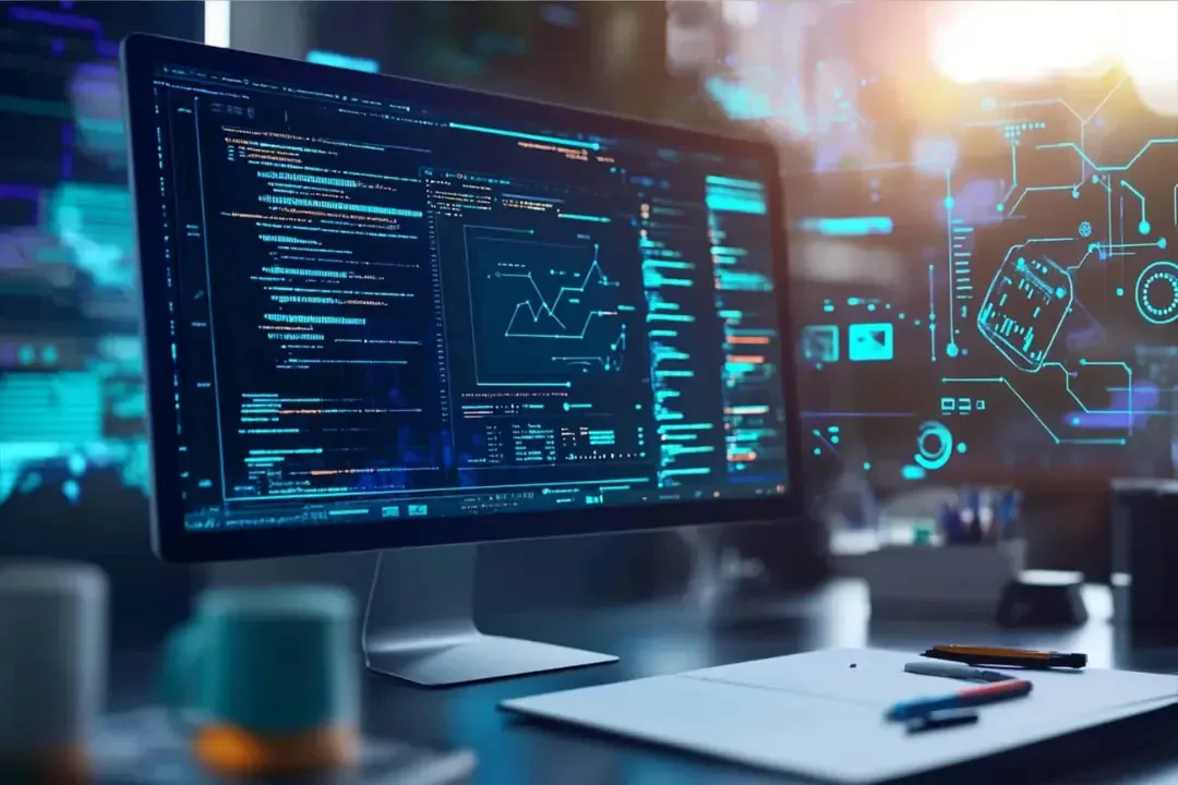 کدنویسی و محیط برنامهنویسی در مانیتور کامپیوتر با گرافیکهای دیجیتال