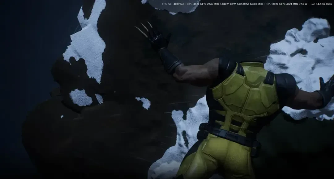 شخصیت ولوورین (Wolverine) با چنگال‌های فلزی در محیط برفی بازی