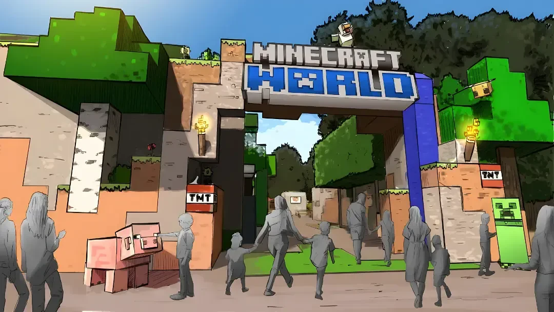 ساختمان ورودی شهربازی ماینکرفت (Minecraft World) با طراحی بلوکی و پیکسلآرت