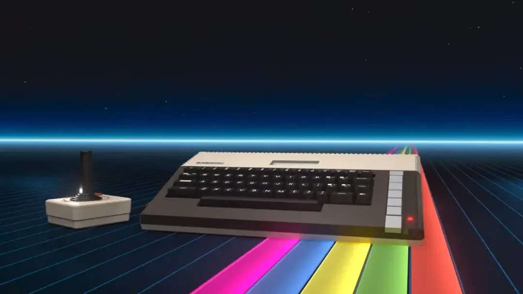 کامپیوتر آتاری 800XL (Atari 800XL) در کنار دسته بازی در پس‌زمینه‌ای دیجیتال