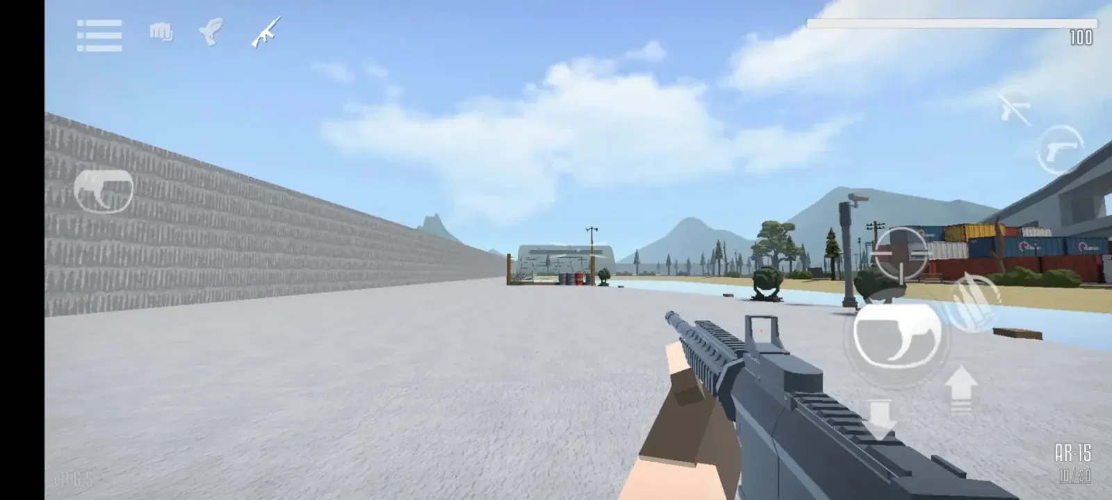 منظره اولشخص از سلاح در بازی موبایل GoreBox در محیط باز