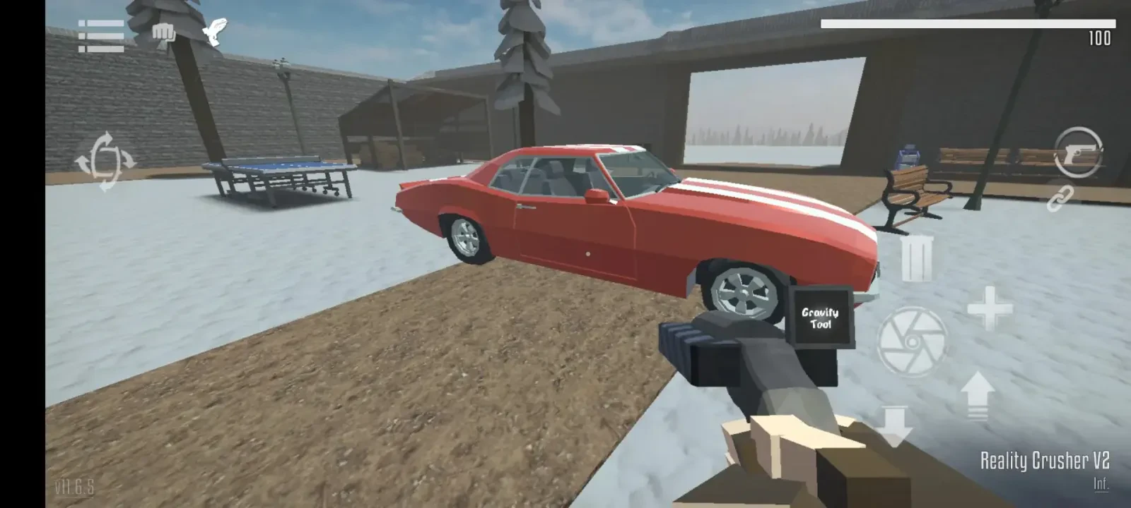 خودروی قرمز رنگ در محیط بازی موبایل GoreBox در کنار ابزار گرانتی
