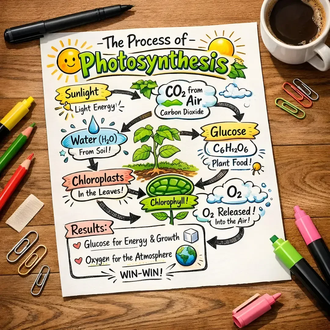نمودار دستنویس فرآیند فتوسنتز (Photosynthesis) شامل مراحل جذب نور، آب و دیاکسید کربن