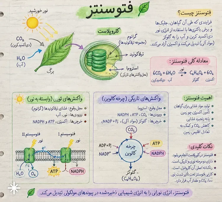 نمودار علمی فرآیند فتوسنتز شامل واکنشهای نوری و چرخه کالوین در کلروپلاست
