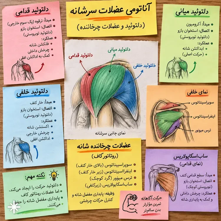 ساختار عضلات دلتوئید (Deltoid) و عضلات چرخاننده شانه روی برگههای آموزشی