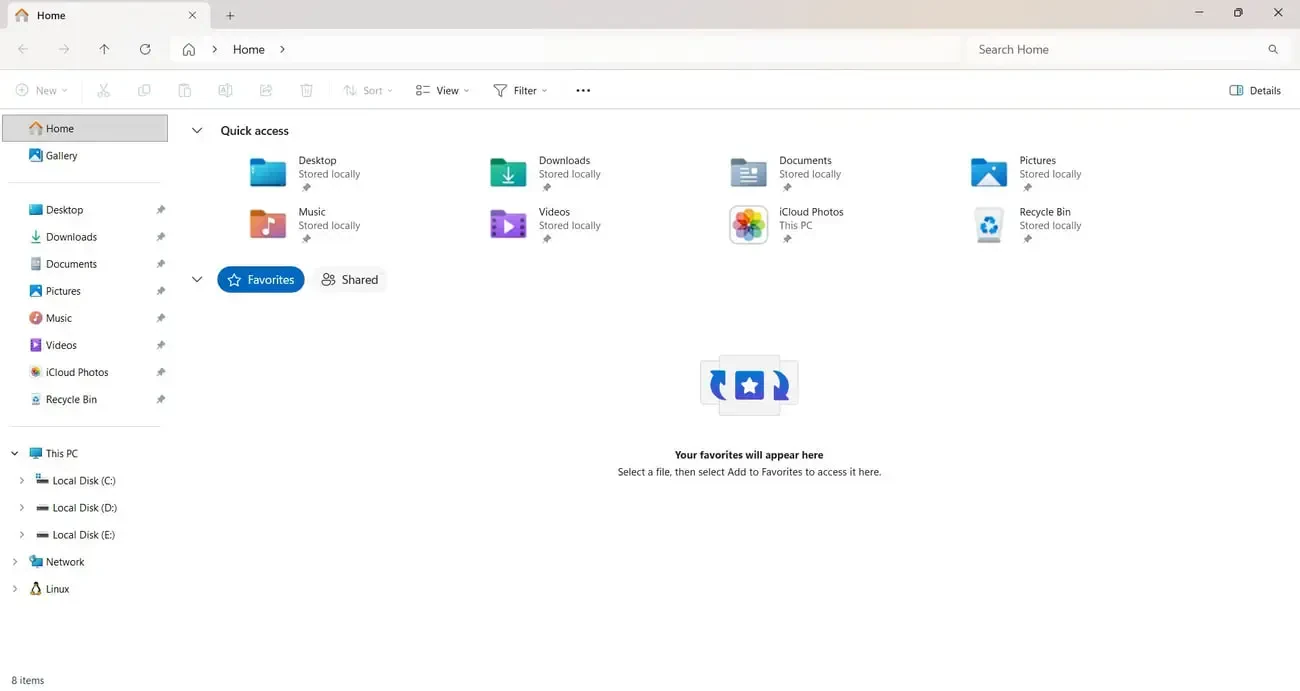 بخش Home در محیط فایل اکسپلورر (File Explorer) ویندوز ۱۱