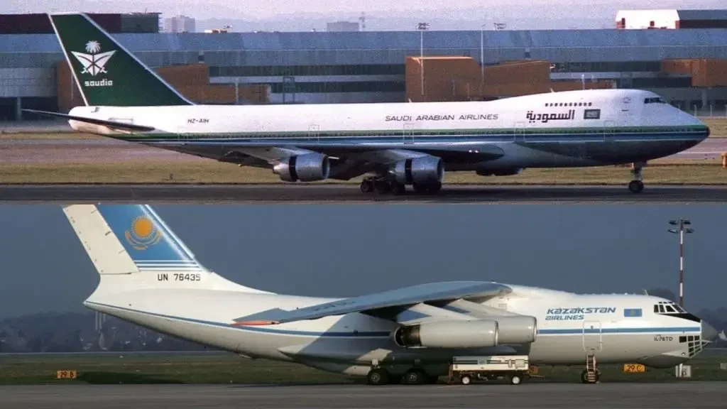هواپیمای بوئینگ (Boeing) متعلق به هواپیمایی سعودی و هواپیمای ایلیوشین (Ilyushin) متعلق به هواپیمایی قزاقستان