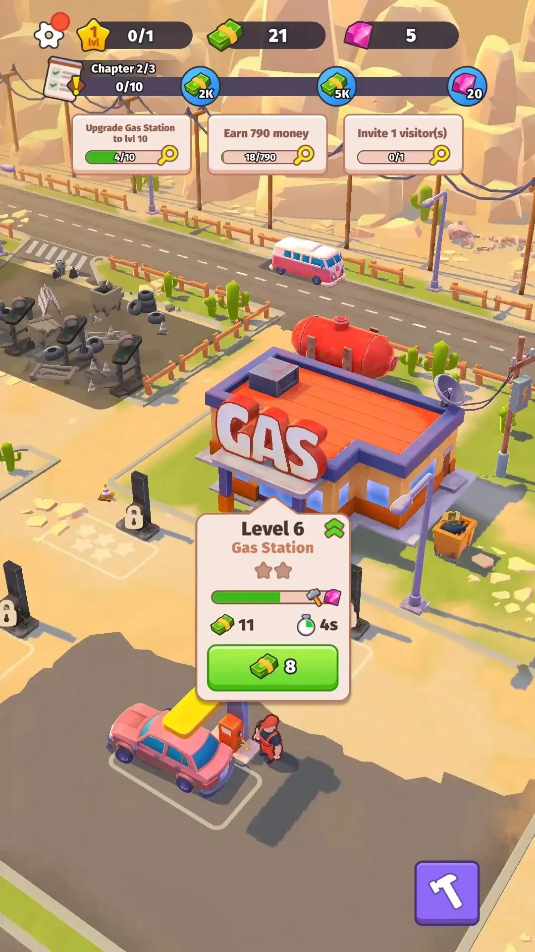 محیط بازی موبایل Roadside Empire با ایستگاه سوخت و خودروهای کارتونی