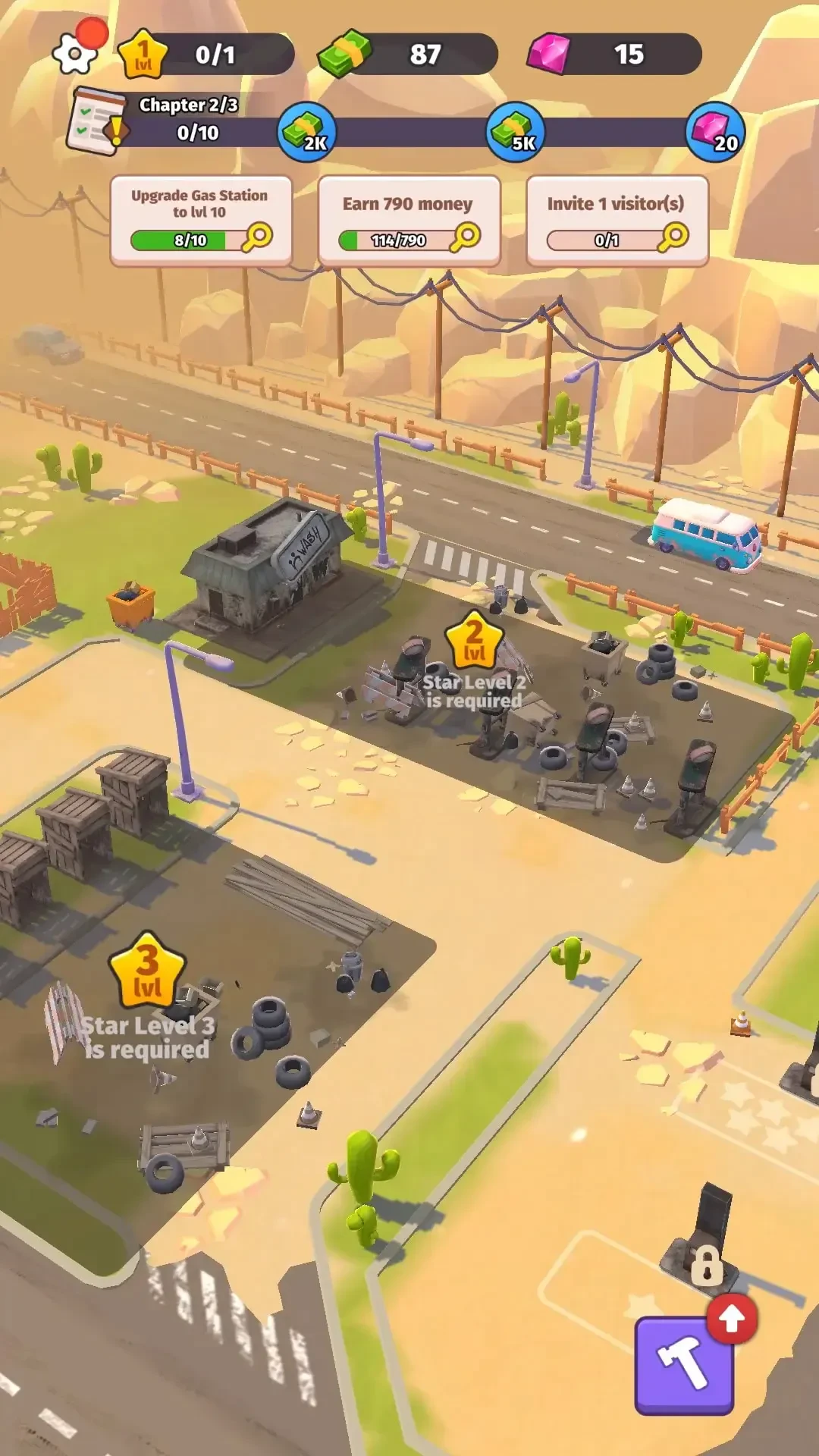 محیط بازی موبایل Roadside Empire با ایستگاه سوخت و جاده بیابانی