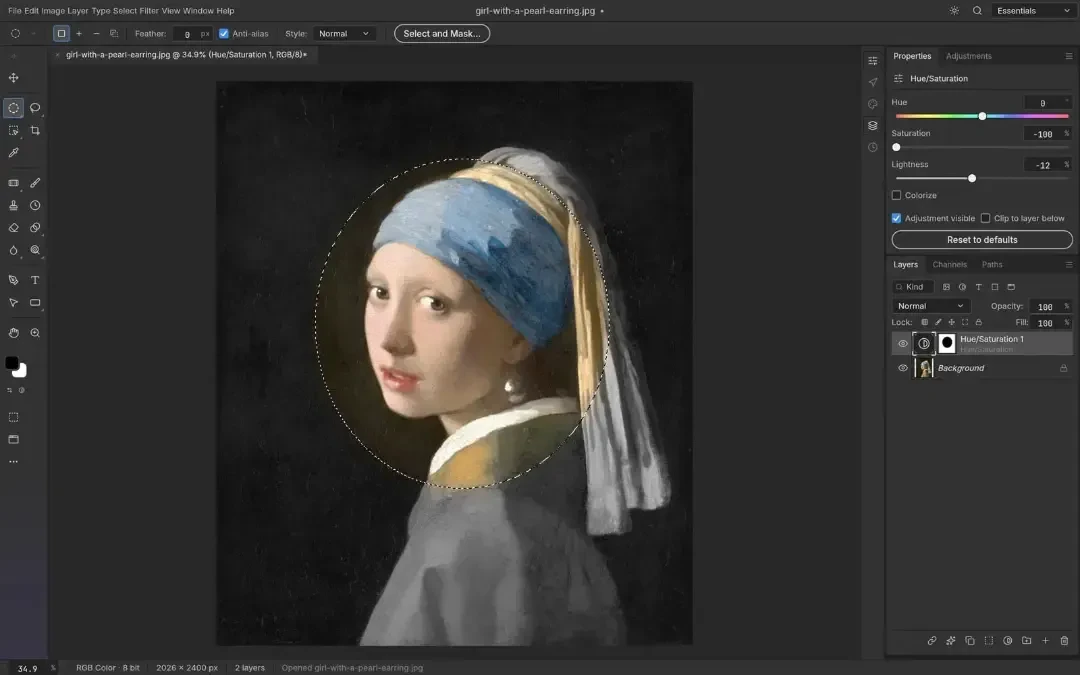 نقاشی دختر با گوشواره مروارید (Girl with a Pearl Earring) در محیط نرمافزار ادوبی فتوشاپ