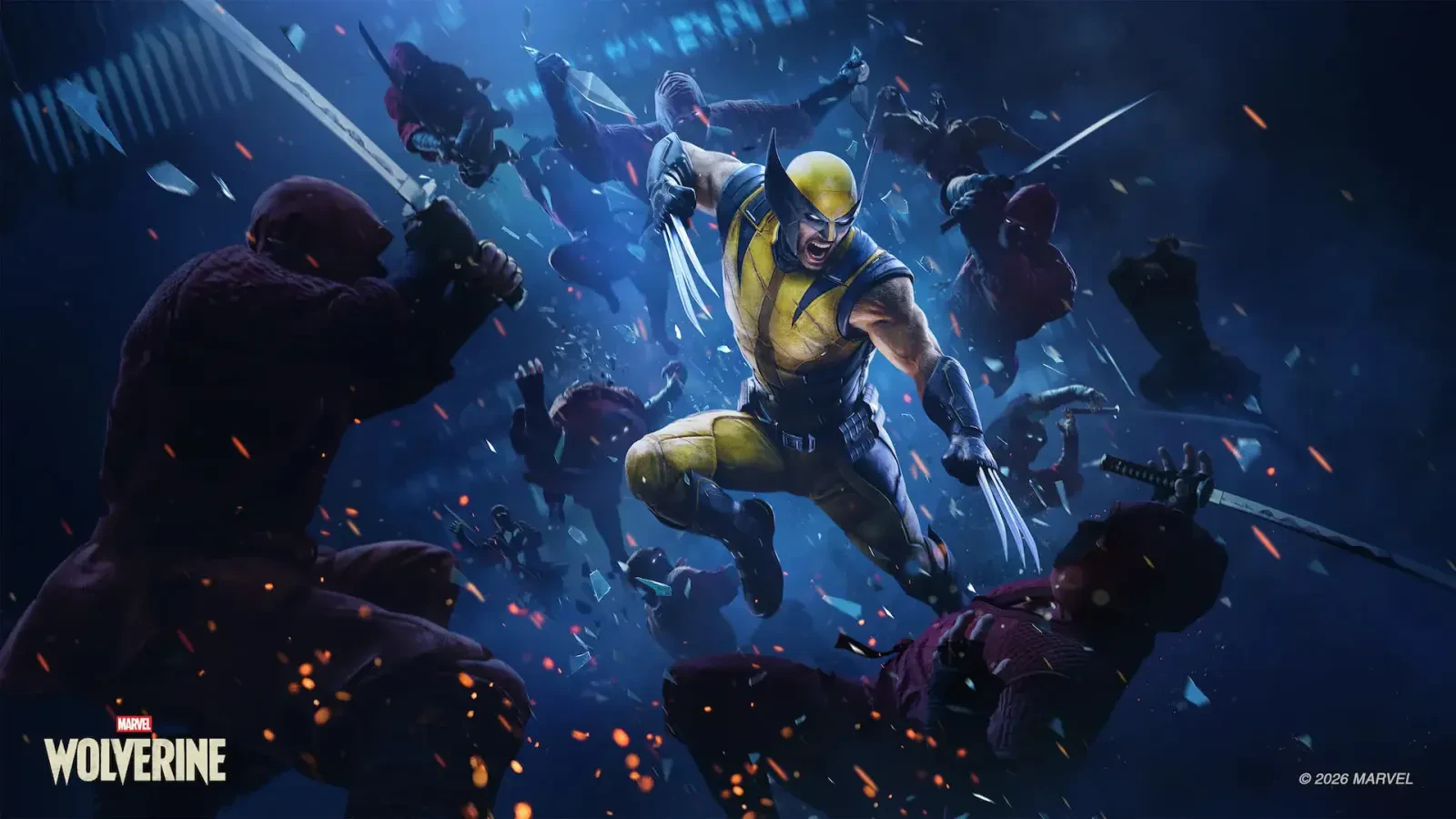 شخصیت ولورین با چنگالهای فلزی در حال مبارزه با گروهی از دشمنان در بازی Marvel's Wolverine است.