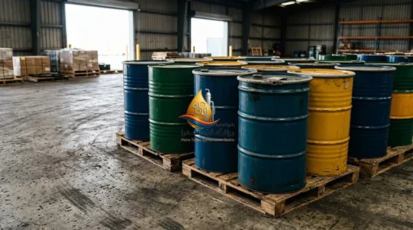 بشکهها و پالتهای روغن در انبار بندرگاهی